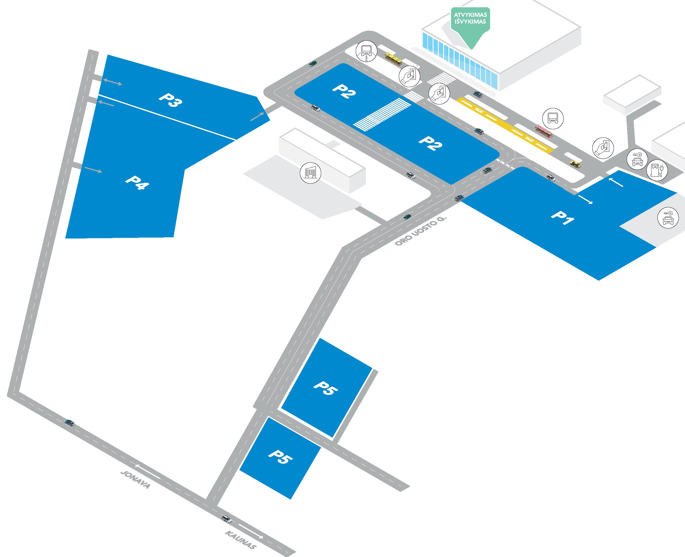 Kauno oro uosto (KUN) terminalo planas, uniPark parkavimo aikštelės.