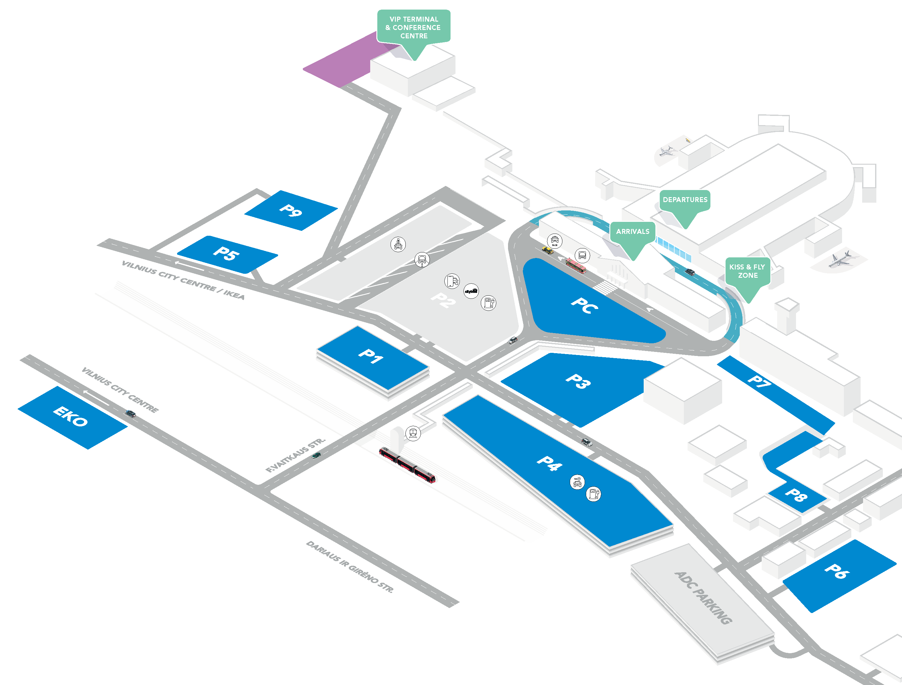 Vilniaus oro uosto (VNO) terminalo planas, uniPark parkavimo aikštelės