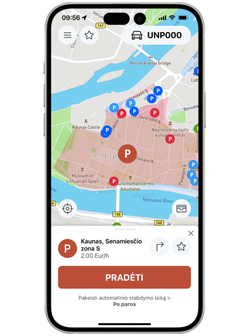 Kaunas, senamiesčio zona, kaina, mokėjimo būdai, taršos mokestis ir informacija apie parkavimą.