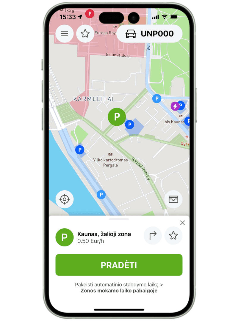 Kaunas, žalioji zona, kaina ir informacija apie parkavimą.