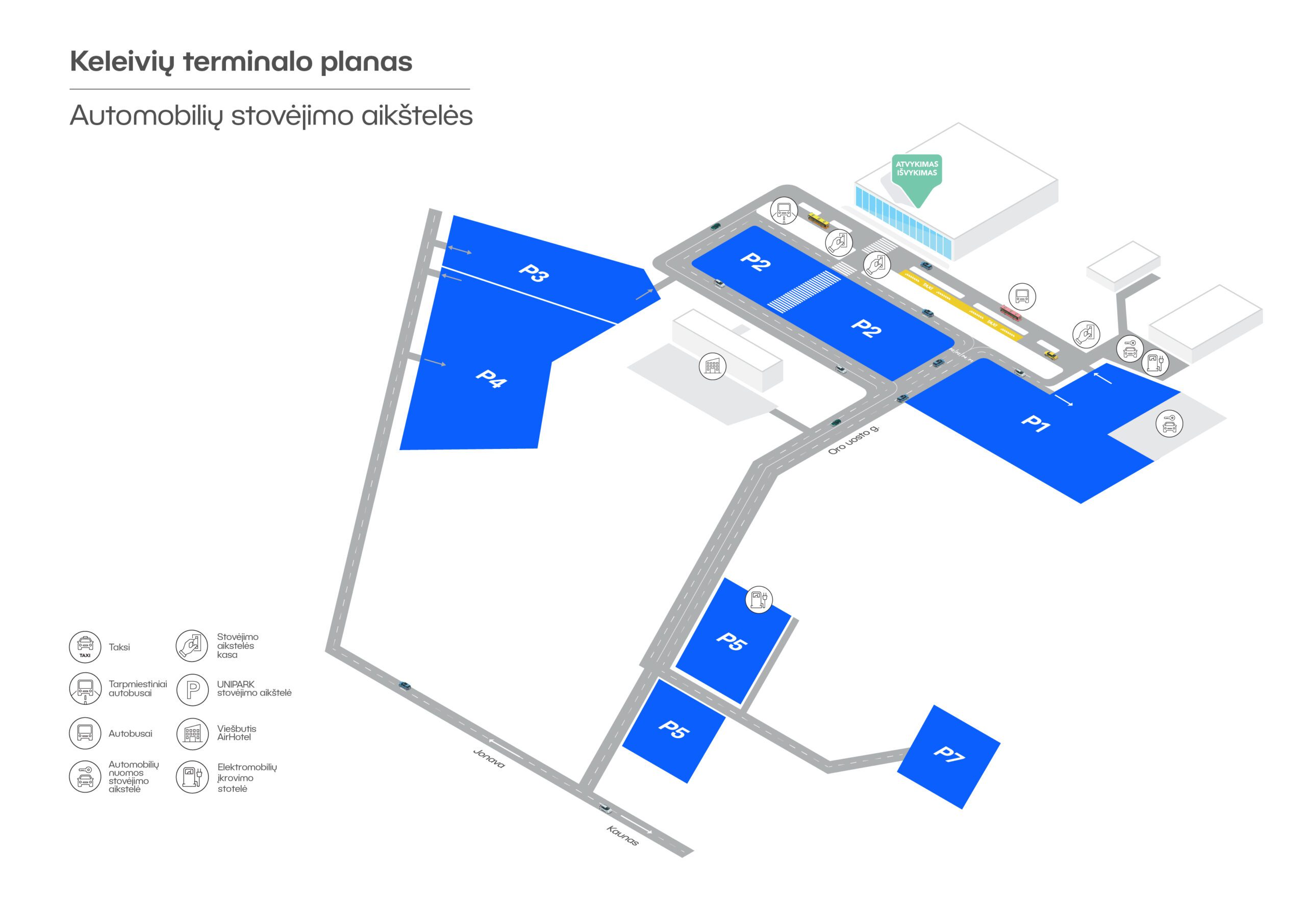 Kauno oro uosto (KUN) terminalo planas, UNIPARK parkavimo aikštelės.