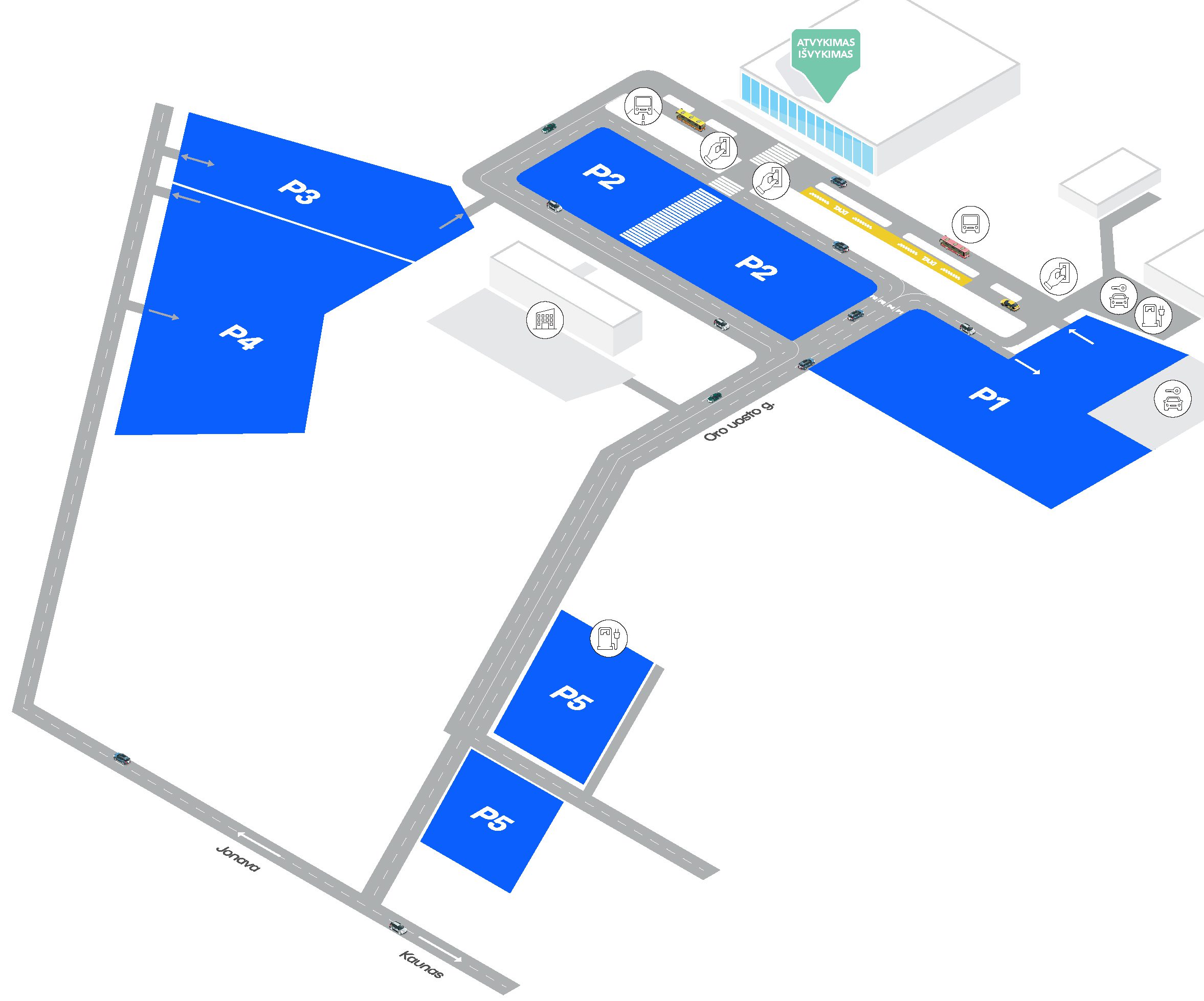 Kauno oro uosto (KUN) terminalo planas, UNIPARK parkavimo aikštelės.